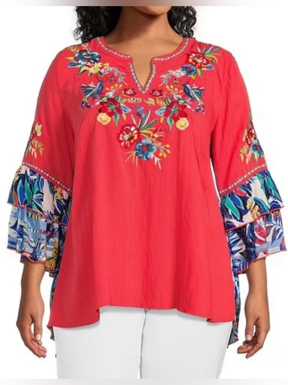 John MarkWoven Tropical Floral Print Embroidered Split  Neck 3/4 Sleeve Tunic 1X